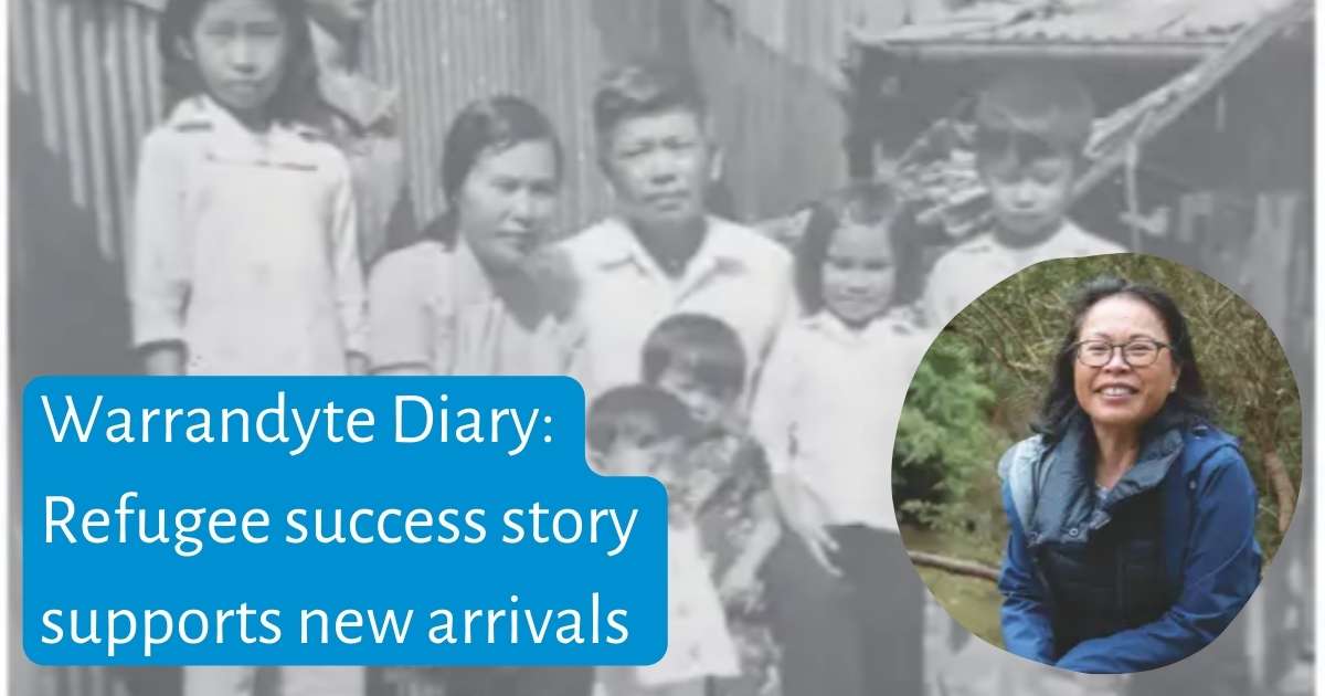 The words 'Warrandyte Diary: Refugee Success Story supports new arrivals' over black and white image of family in Vietnam in 1975, with cutout of Hanh Truong in 2022